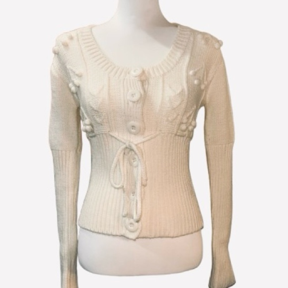 Infinito Women's Medium Cream Button-Up Knit Puff Floral Accent Cardigan